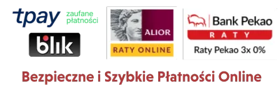 Kursy online od podstaw – loga Tpay, BLIK, Alior i Pekao z napisem „Bezpieczne i Szybkie Płatności Online”