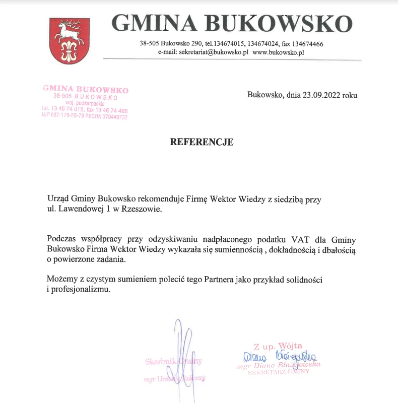 Doradztwo dla JST – pismo „Referencje” Gminy Bukowsko polecające współpracę przy odzyskiwaniu nadpłaconego VAT