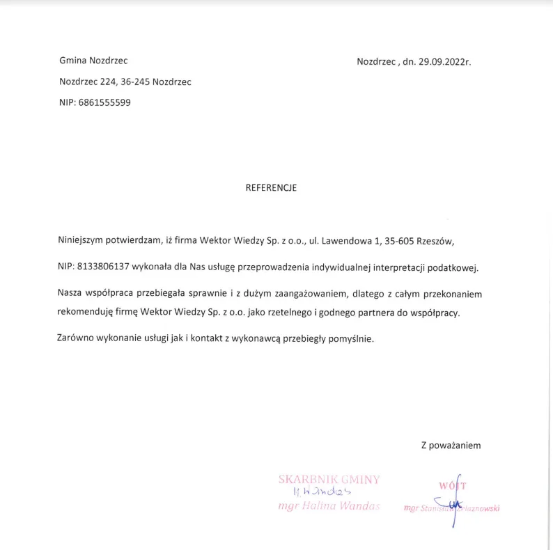 Doradztwo dla JST – pismo „Referencje” Gminy Nozdrzec potwierdzające wykonanie indywidualnej interpretacji podatkowej