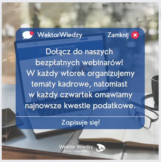 Bezpłatne webinary Wektor Wiedzy – okno zapisu z napisem „Dołącz do naszych bezpłatnych webinarów!”