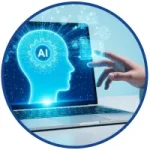 Kurs automatyzacji pracy biurowej z AI – świecąca głowa z napisem „AI” nad laptopem i wirtualny interfejs