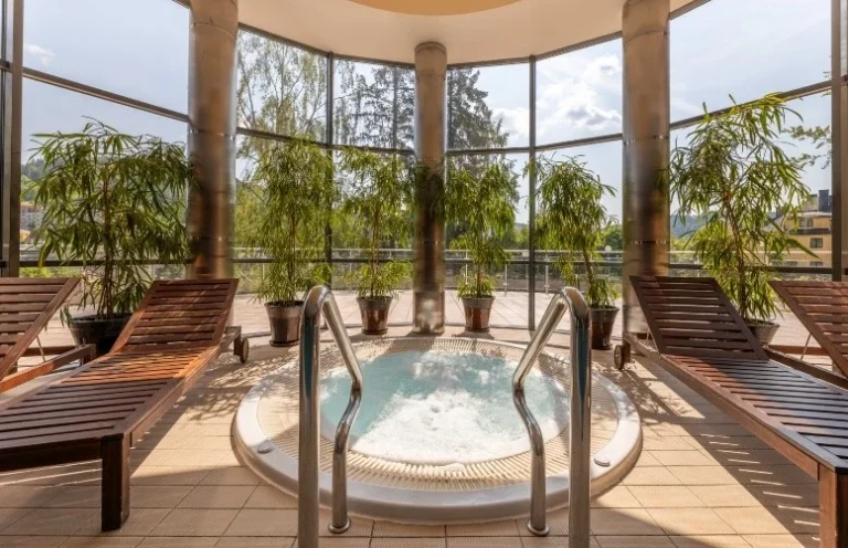 Szkolenia wyjazdowe w Krynicy-Zdroju – jacuzzi w przeszklonej rotundzie strefy SPA Hotelu Krynica
