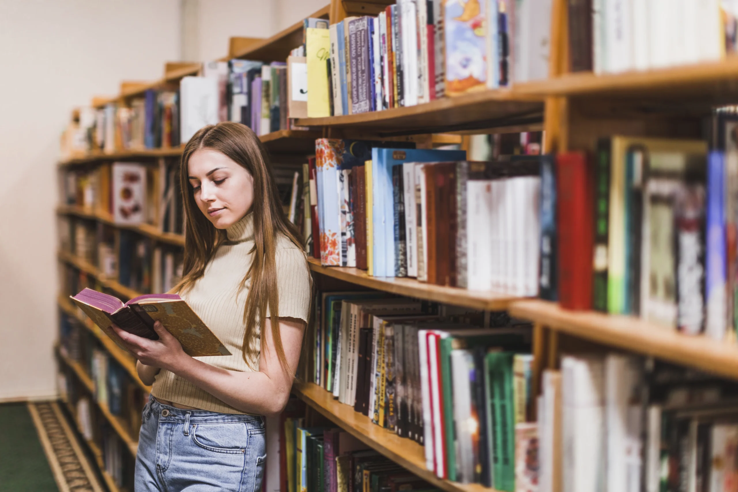 Szkolenia i webinary dla instytucji kultury – kobieta czyta książkę między regałami w bibliotece