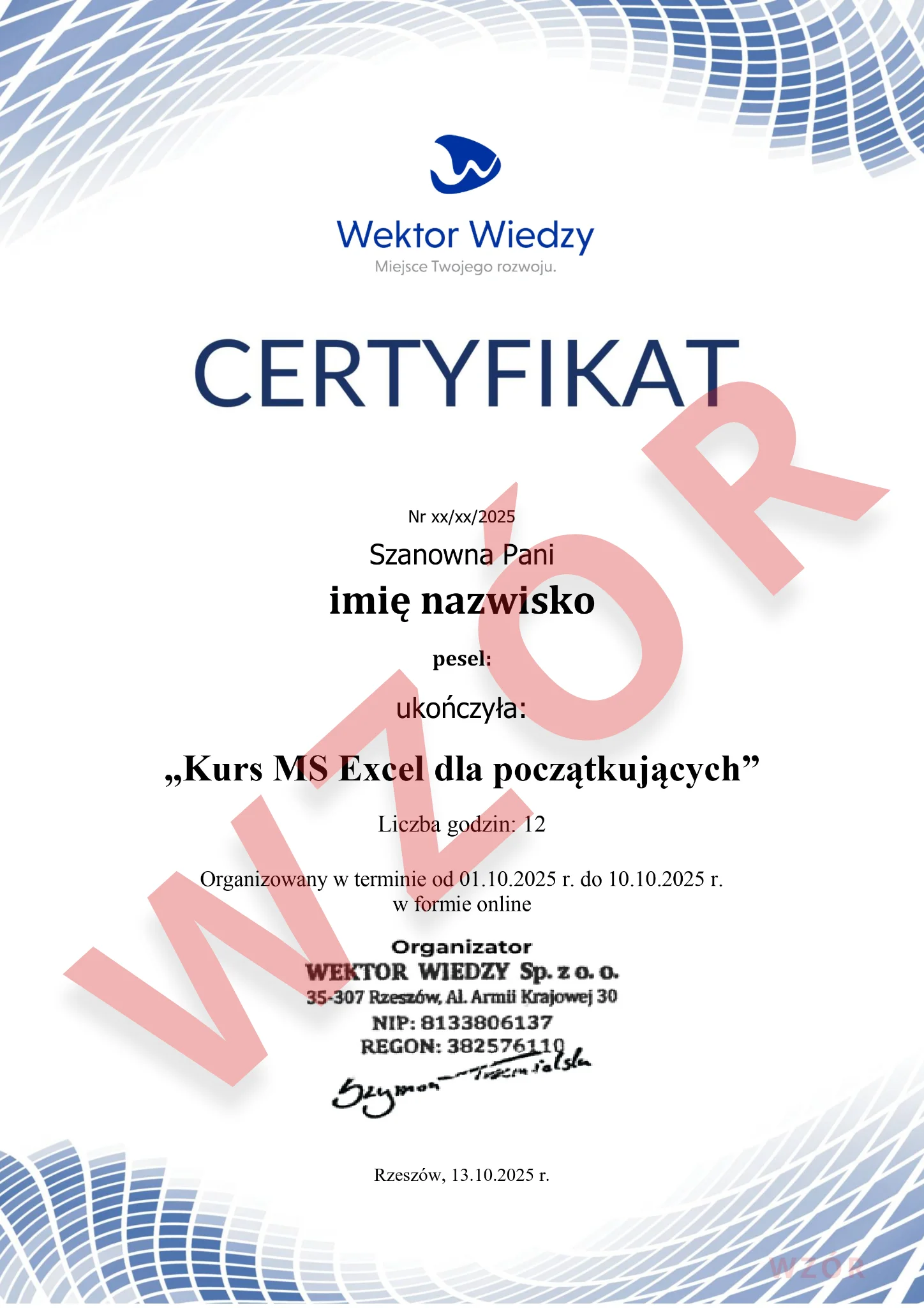 Certyfikat papierowy Wektor Wiedzy — strona przednia