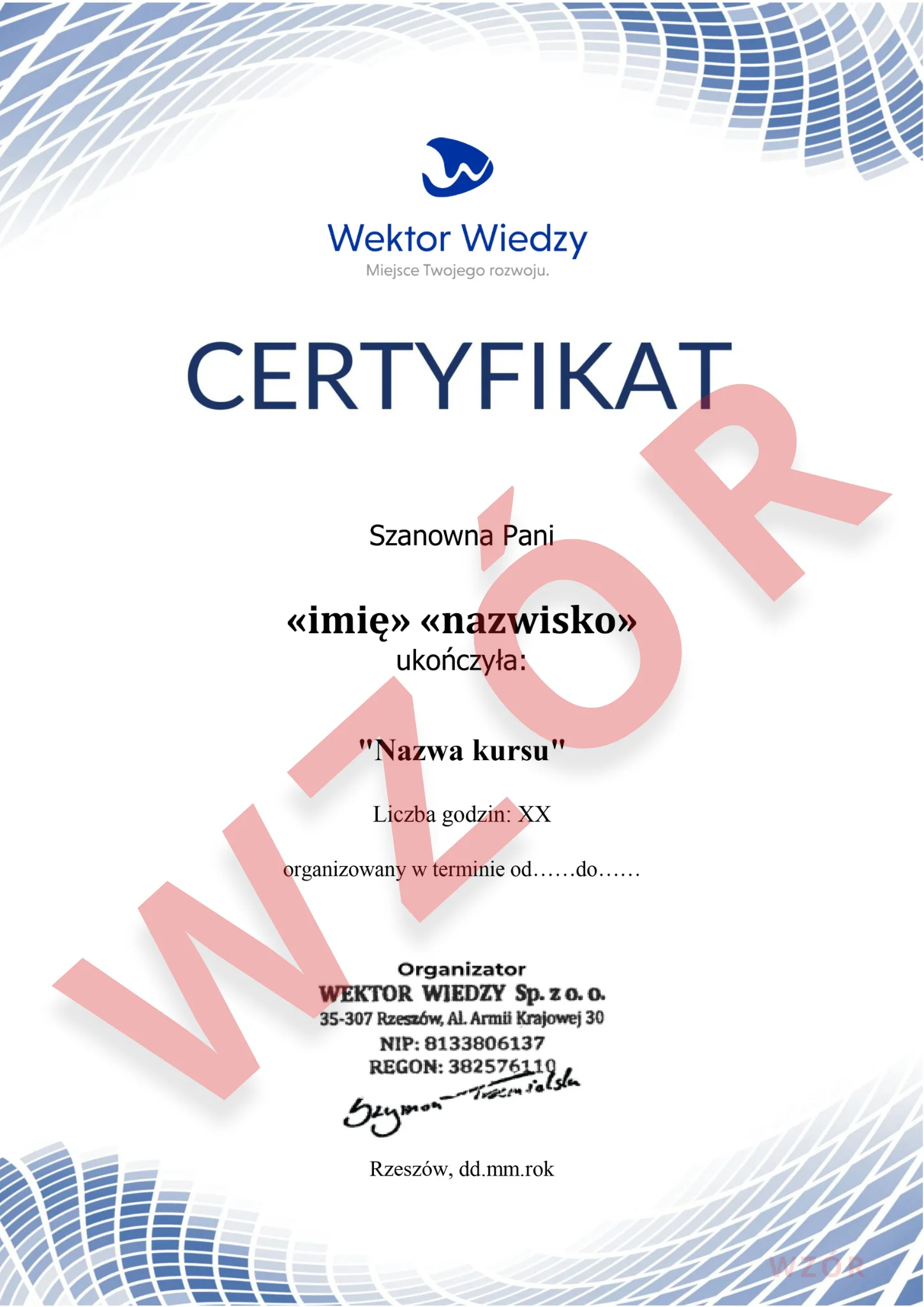 Certyfikat elektroniczny Wektor Wiedzy