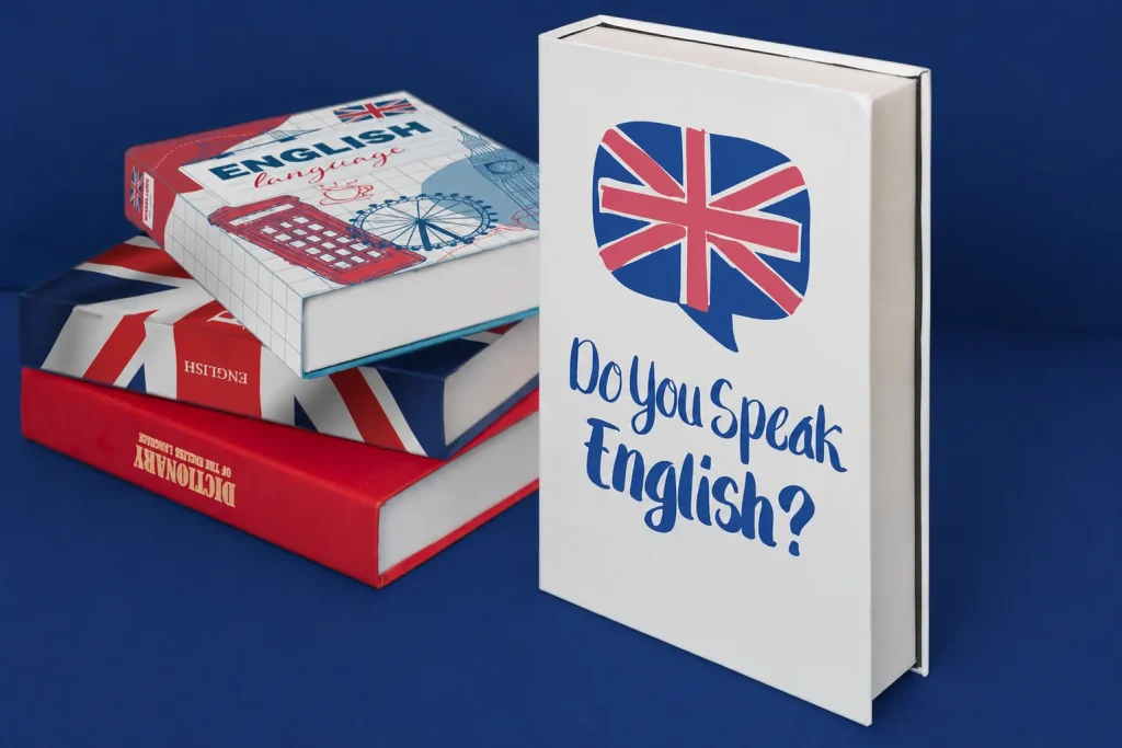 Podręczniki i słownik języka angielskiego "Do You Speak English?" na niebieskim tle
