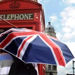 Kurs języka angielskiego dla firm – czerwona budka telefoniczna, parasol z flagą Wielkiej Brytanii i Big Ben